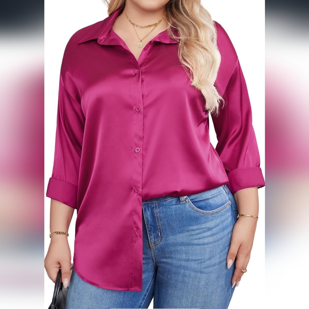 Amazon Essentials Women's Fuchsia Satin Button Down Shirt